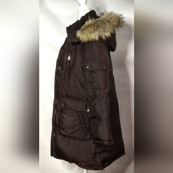 DKNY Down Puffer Trench Parka Trench Fur Trim Brown Womens Size XSmall Winter - Picture 9 of 16